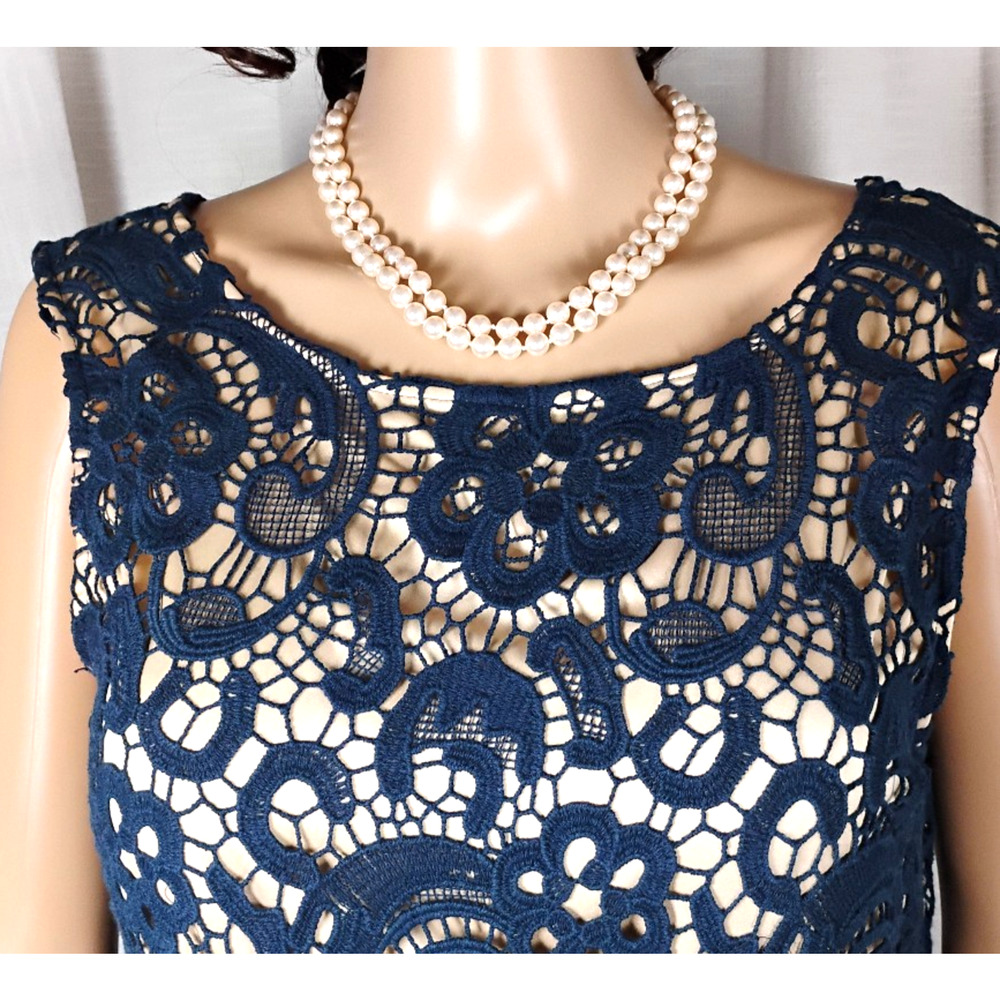 Crochet Lace Sheath Dress Midi Sleeveless V Back Nude Lining Cocktail Wedding - Picture 8 of 16